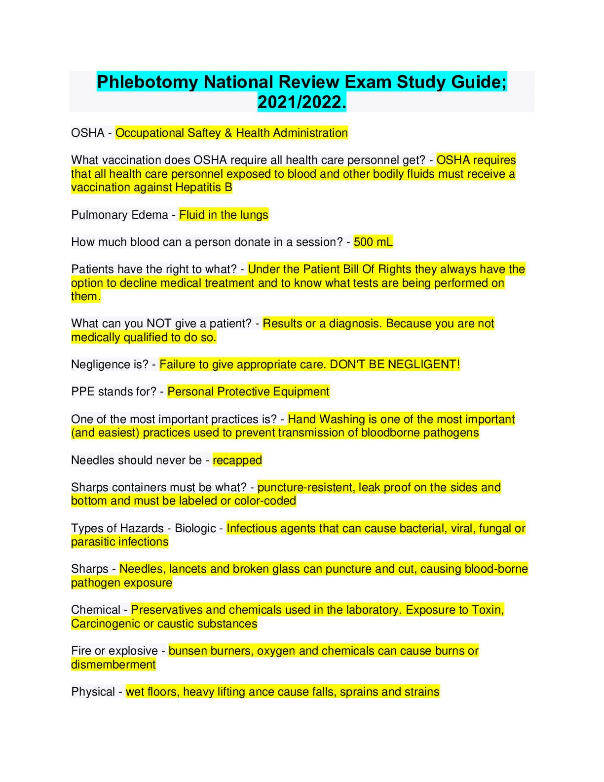 Preview image for Phlebotomy National Review Exam Study Guide; 2021/2022.